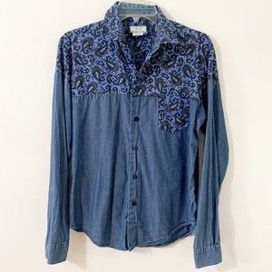 Zara Man Denim Couture Button Front Slim Fit Paisley Denim Shirt Pointed Collar